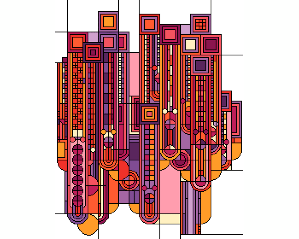 251B - Art Deco Cross Stitch Pattern: Saguaro and Flowers PINK ORNGE (PDF Chart)