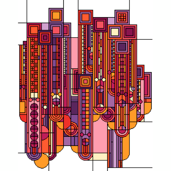 251B - Art Deco Cross Stitch Pattern: Saguaro and Flowers PINK ORNGE (PDF Chart)