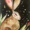 Original Whimsical Watercolour of a Resting Hare Rabbit under the Moon