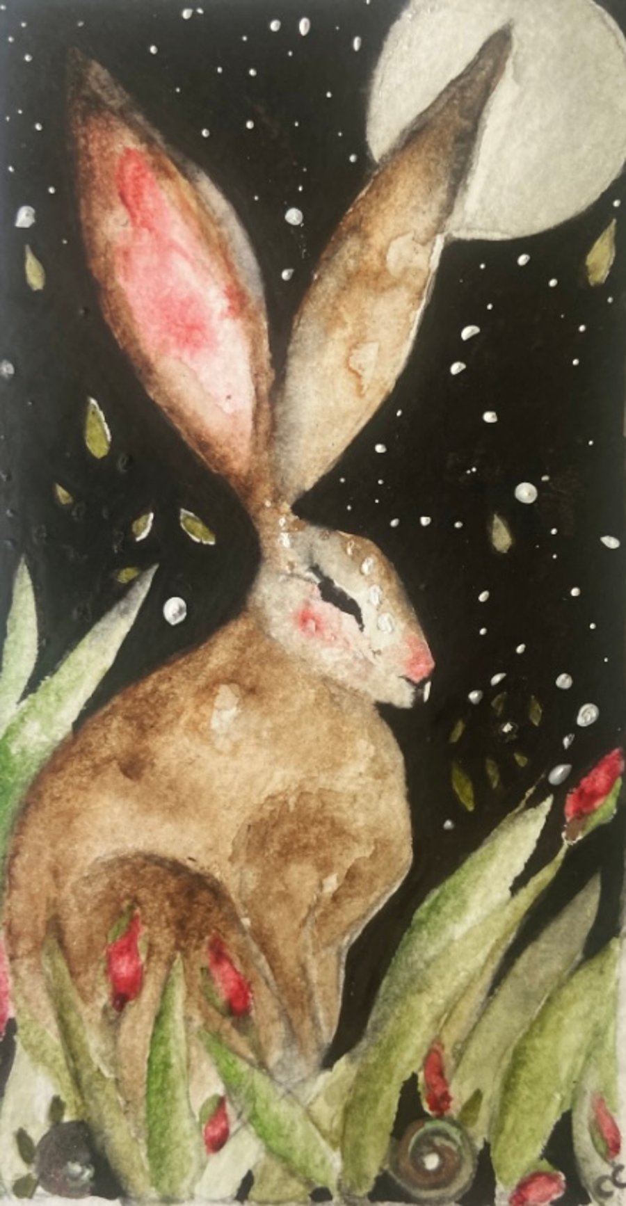 Original Whimsical Watercolour of a Resting Hare Rabbit under the Moon