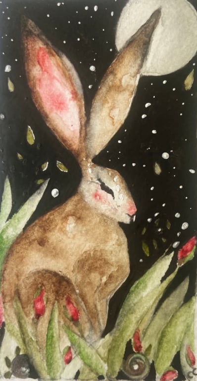 Original Whimsical Watercolour of a Resting Hare Rabbit under the Moon