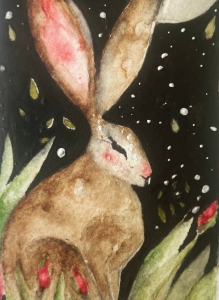 Original Whimsical Watercolour of a Resting Hare Rabbit under the Moon