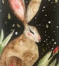 Original Whimsical Watercolour of a Resting Hare Rabbit under the Moon