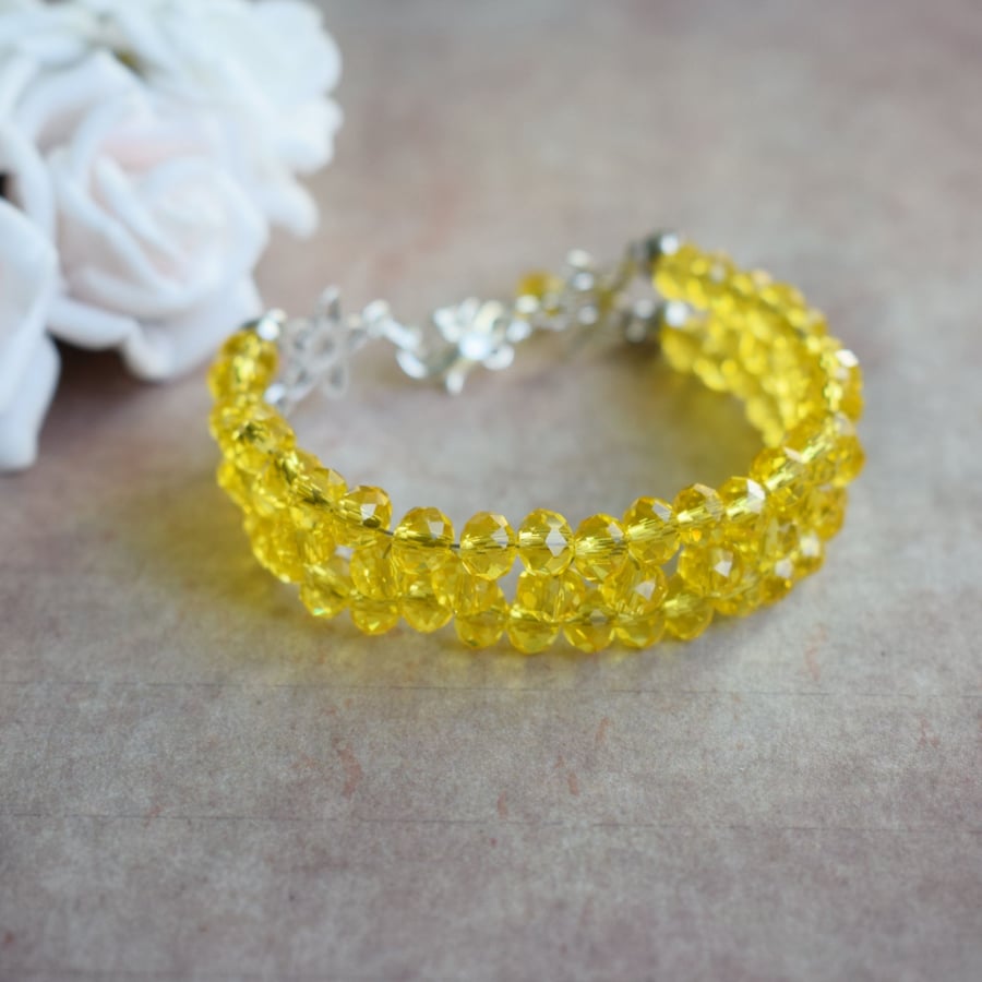 Yellow Glass Beaded Bracelet, Adjustable Bracelet