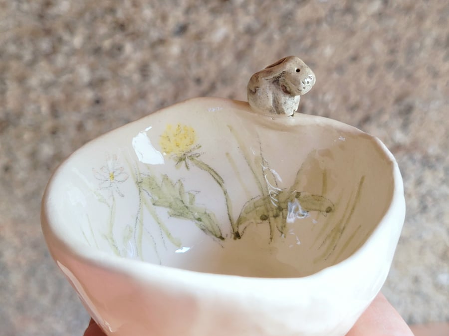 Ceramic tealight wth grey bunny and wild flowers, rabbit candle holder gift 