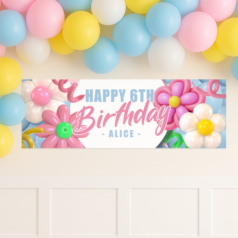Personalised Flower Balloons Birthday Banner: Custom Pastel Party Decoration