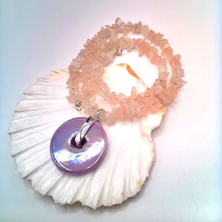 Iridescent Lilac Ceramic Donut Pendant on a Rose Quartz Chip Bead Necklace
