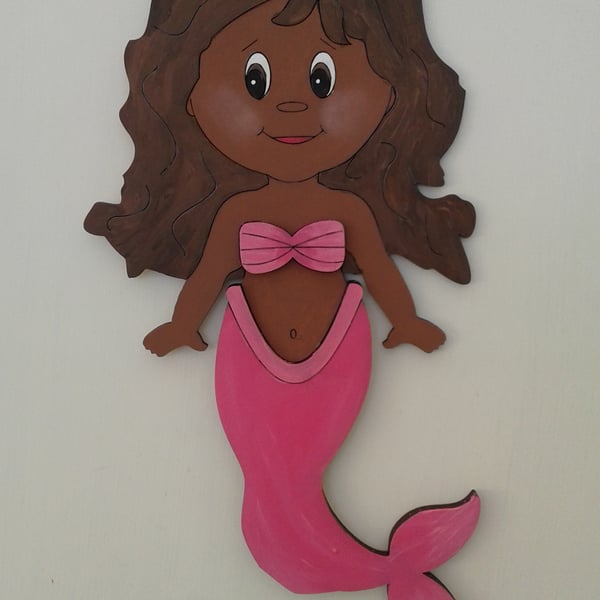 Pink wooden wall mermaid