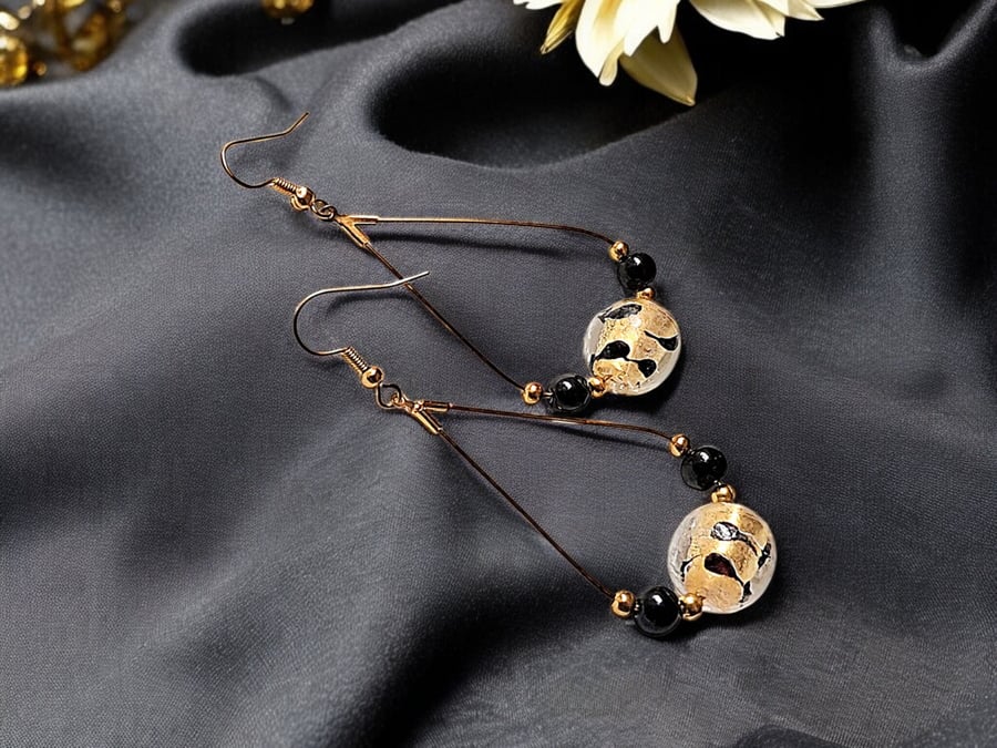 Golden Murano teardrop earrings, Murano glass earrings, glass bead jewellery, la