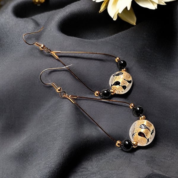 Golden Murano teardrop earrings, Murano glass earrings, glass bead jewellery, la