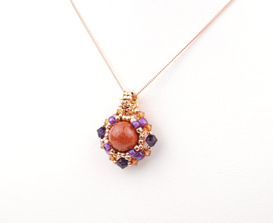 Goldstone beaded pendant in purple and rose gold, Gemstone crystal necklace