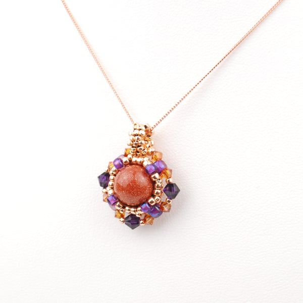 Goldstone beaded pendant in purple and rose gold, Gemstone crystal necklace
