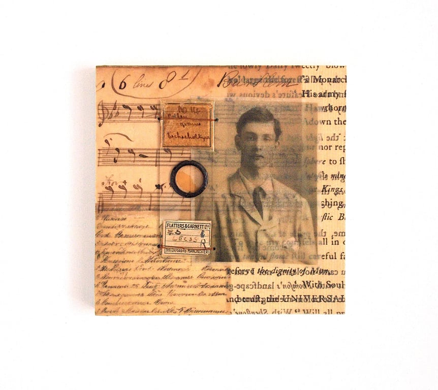 Original Paper & Fabric Collage on Wood Panel, 12x12cms, Free Postage (191)