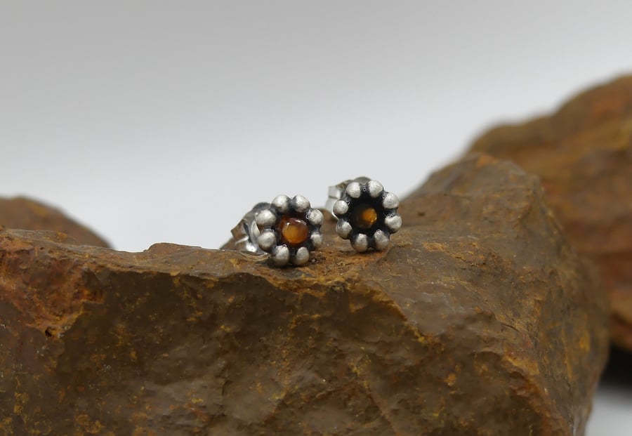 Recycled Sterling Silver Flower Stud Earrings with Carnelian Gemstones.