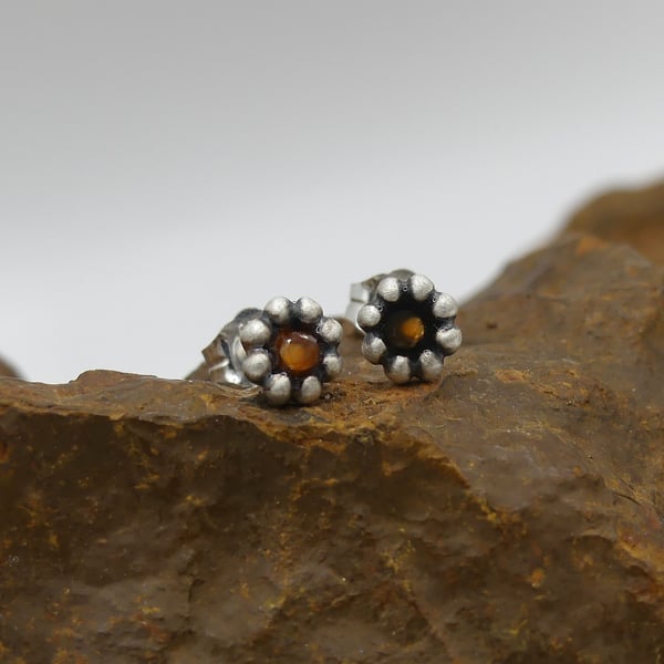 Recycled Sterling Silver Flower Stud Earrings with Carnelian Gemstones.