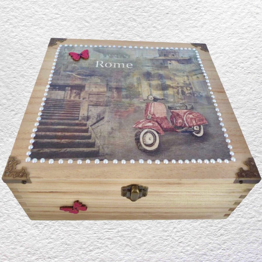 Rome Scooter: Decorated Wooden Trinket Keepsake Box 24cm