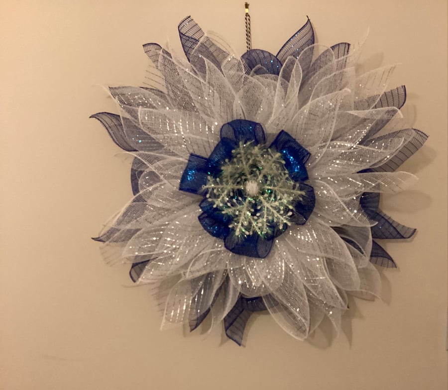 Christmas Blue and White deco mesh wreath