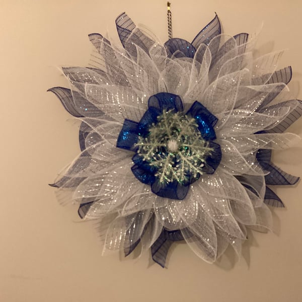 Christmas Blue and White deco mesh wreath