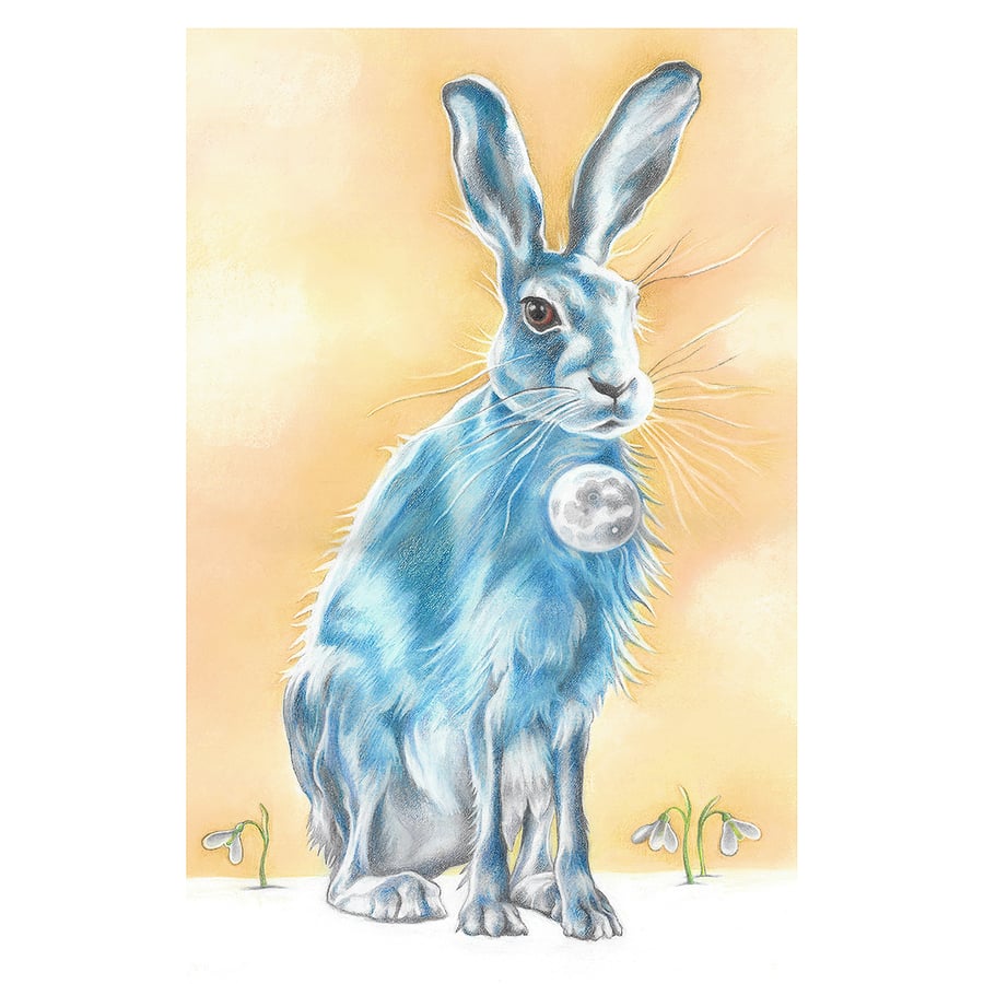 Hare and Moon Art Print - "Lunar Hare" - blue hare, snowdrop, Giclee