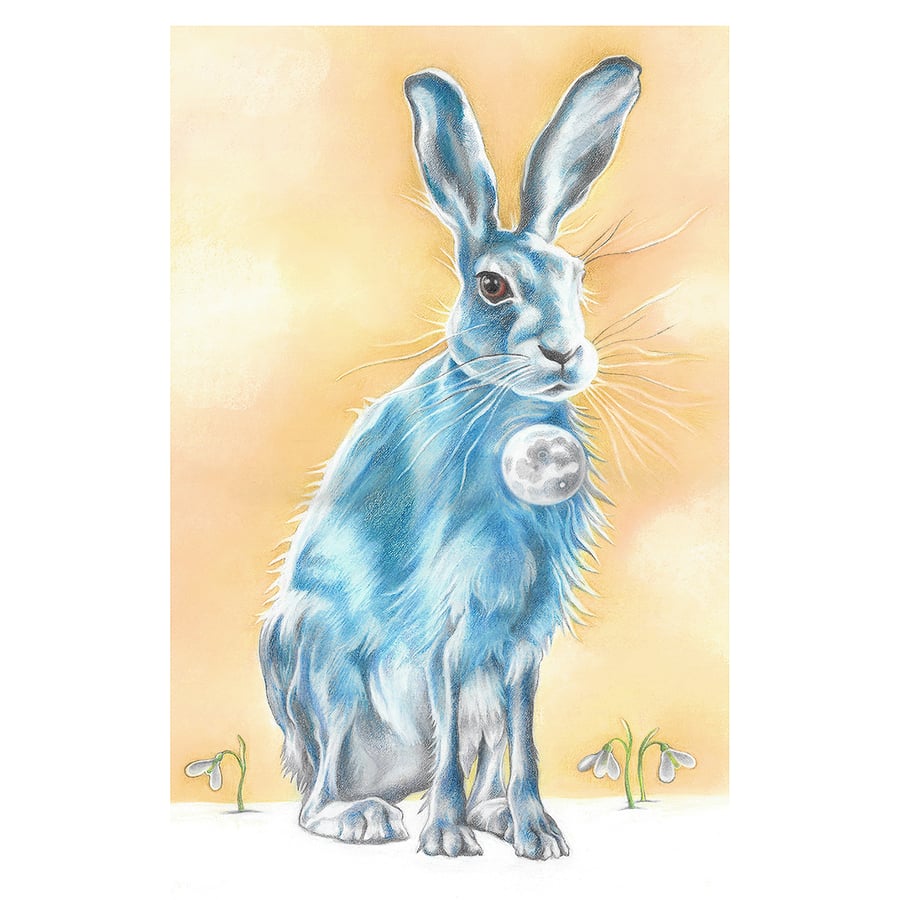 Hare and Moon Art Print - Lunar Hare - blue hare, snowdrop, Giclee