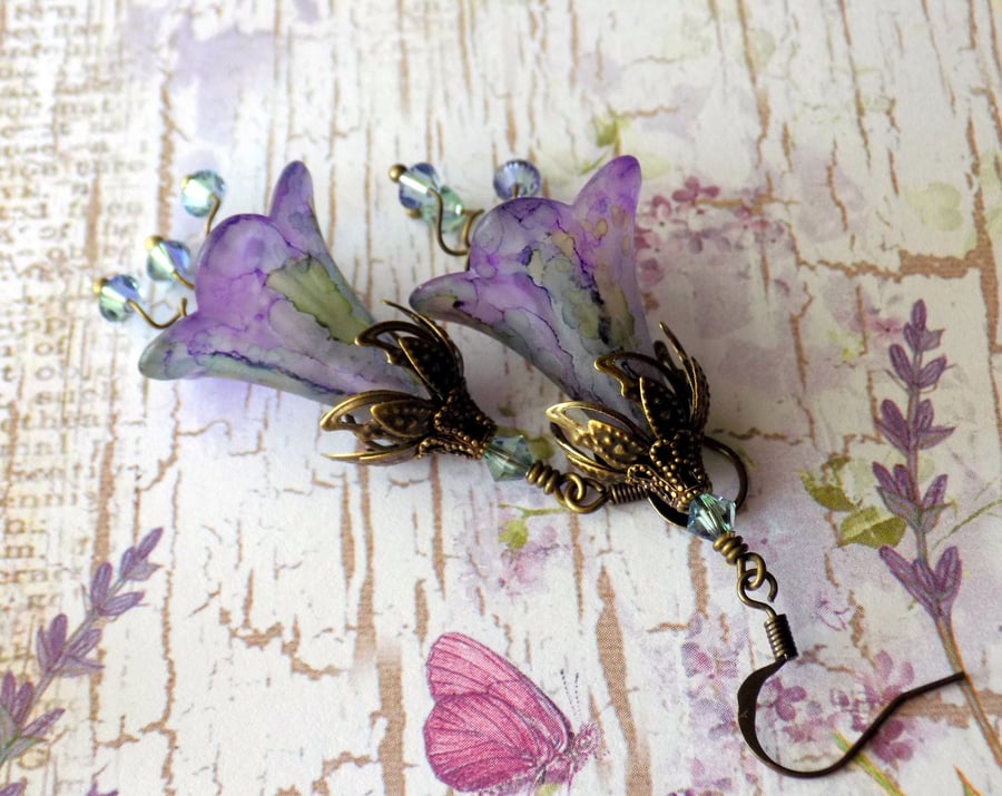 Lavender and Mint "Provence" Hand Painted Lucite Flower Earrings