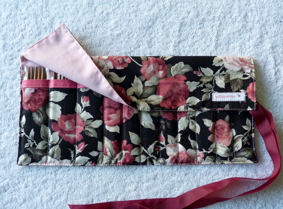 11 Sets Bamboo Double Pointed 5" Sock Knitting Needles in a Roll Up Case. Roses.