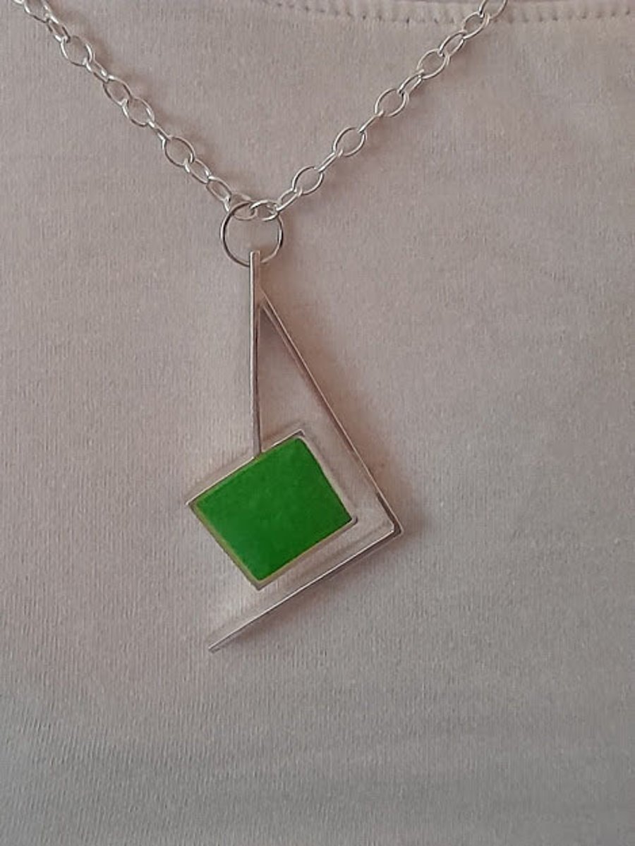 Eco silver Abstract green long chain necklace