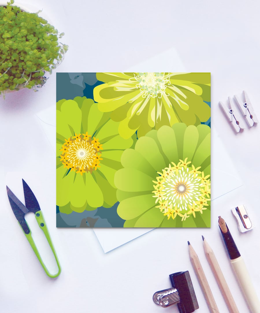 Zinnias Flower Card - birthday, chartreuse, floral