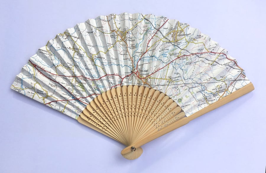 Unique handmade Fan, using recycled map paper, map includes Thame in Oxfordshire