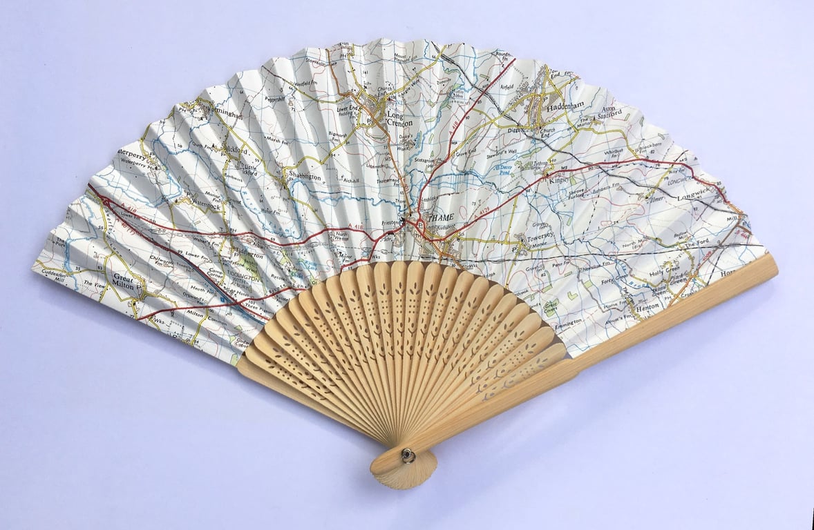 Unique handmade Fan, using recycled map paper, map includes Thame in Oxfordshire