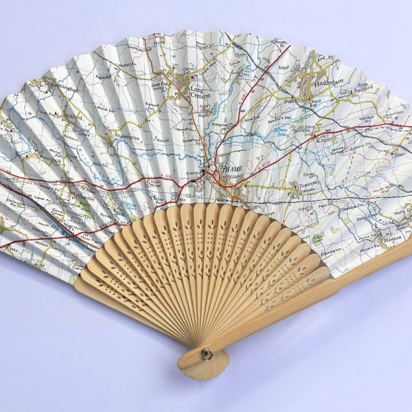 Unique handmade Fan, using recycled map paper, map includes Thame in Oxfordshire