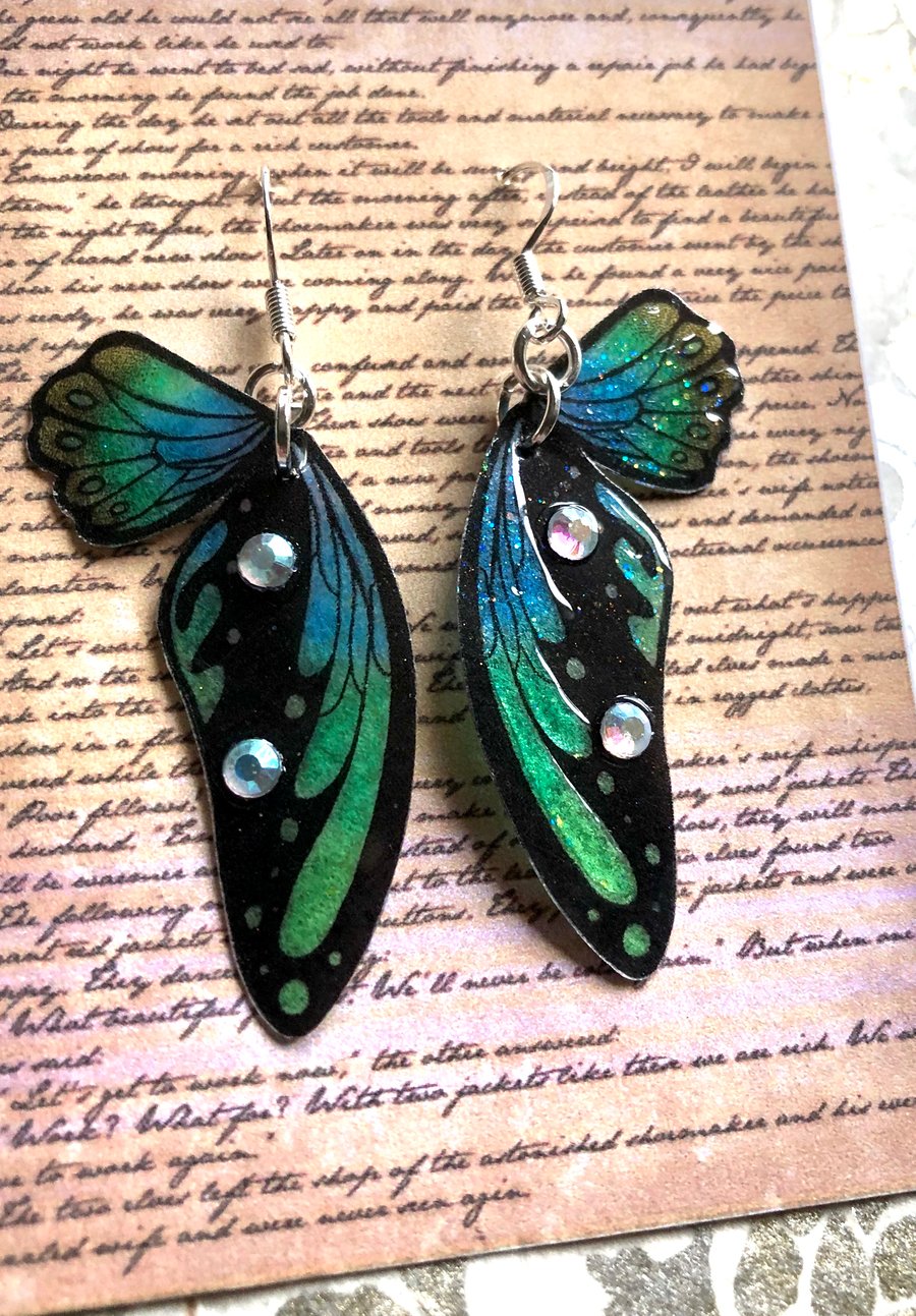 Green Blue and Black Double Fairy Wing Sterling Silver Earrings 