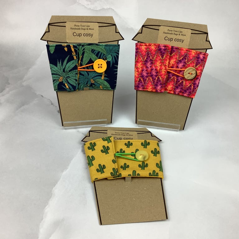 Floral cup cosy, Cacti cup cozy, Trees mug sleeve, 3 options, Handmade