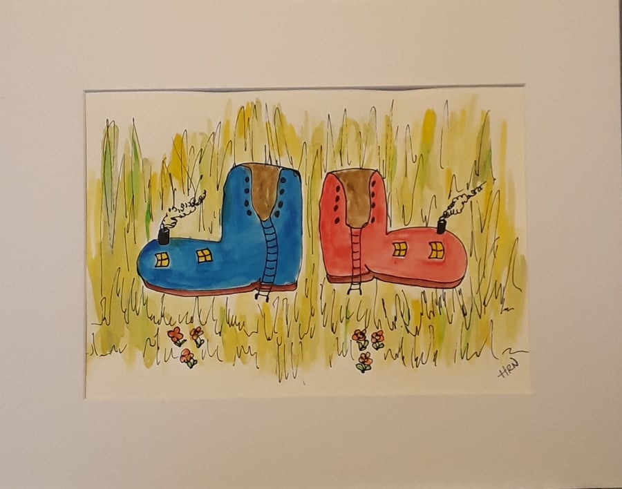 Pen & Watercolour Original design, Odd Boots, mounted ready to frame - Folksy
