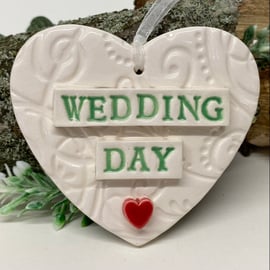 Ceramic Wedding heart green writing