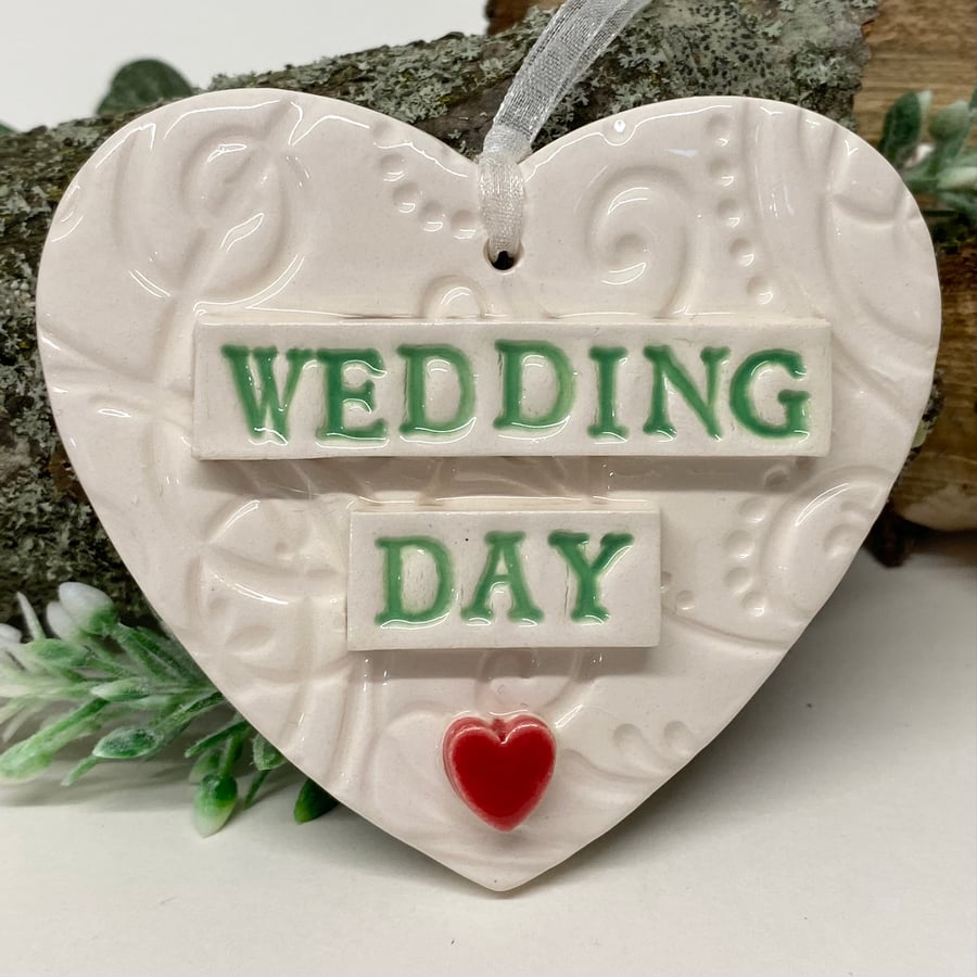 Ceramic Wedding heart green writing