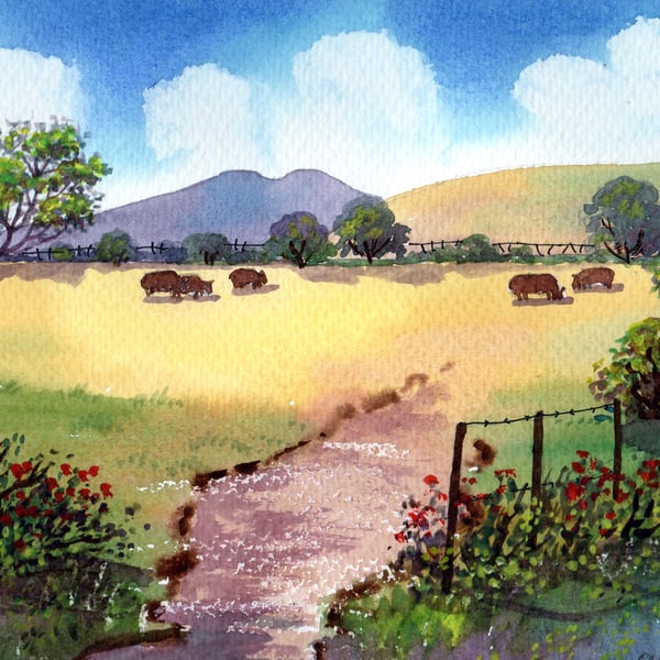 Country Scene, Brecon Beacons, Wales, Original Watercolour in 14 x 11 '' Mount