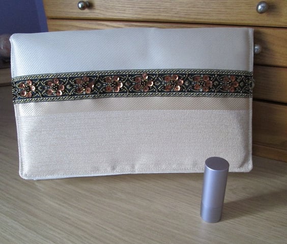 Cream & Gold Striped Clutch Bag with Sequin Braid