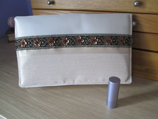 Cream & Gold Striped Clutch Bag with Sequin Braid