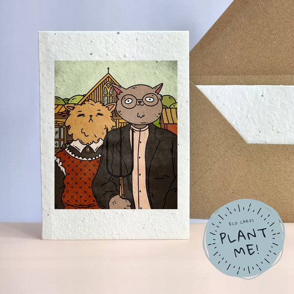 American Gothic as Cats Card - A6 Wildflowers  Plantable Seeds