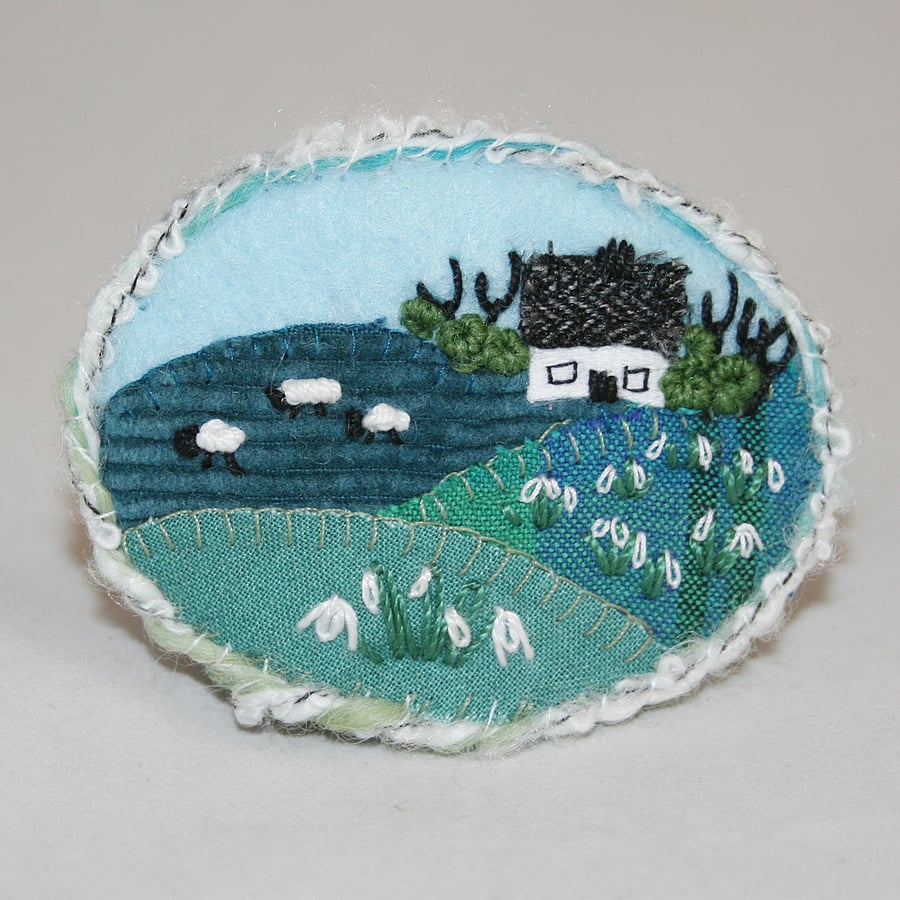 Snowdrops Brooch Hand Embroidered - Landscape
