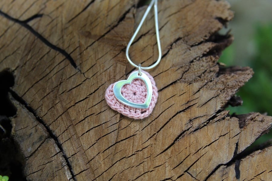 Pink Cotton Crochet Heart with Open Silver Heart Necklace, Cotton Anniversary
