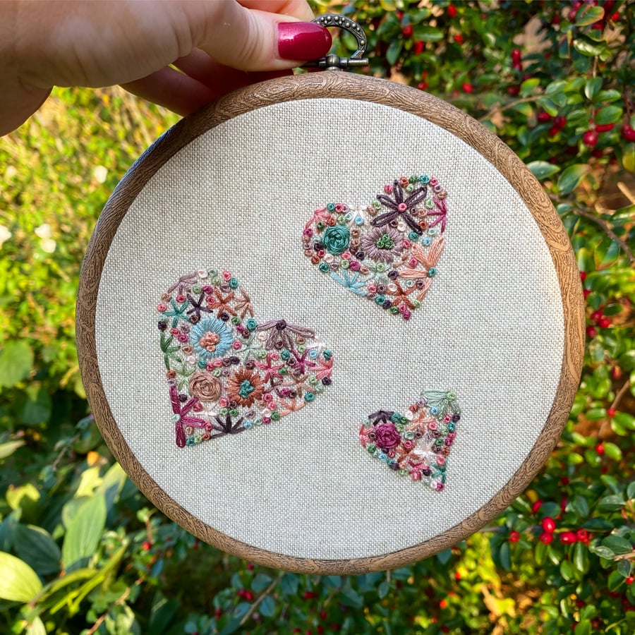 Trio of Hearts Embroidery Hoop Art