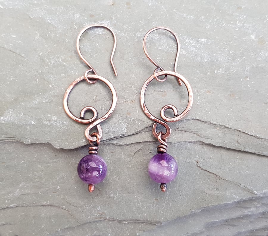 Amethyst and Copper Wire Wrapped Hoop Earrings