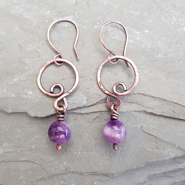 Amethyst and Copper Wire Wrapped Hoop Earrings
