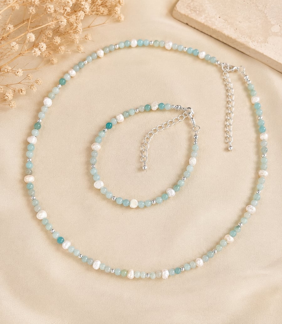 Amazonite And Cultured Pearl Dainty Jewellery Set