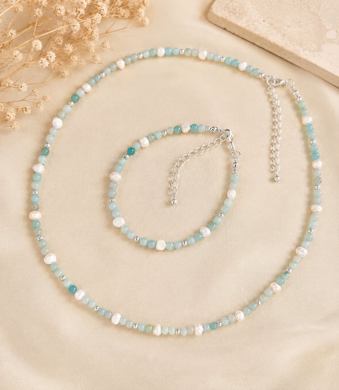 Amazonite And Cultured Pearl Dainty Jewellery Set