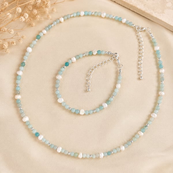 Amazonite And Cultured Pearl Dainty Jewellery Set