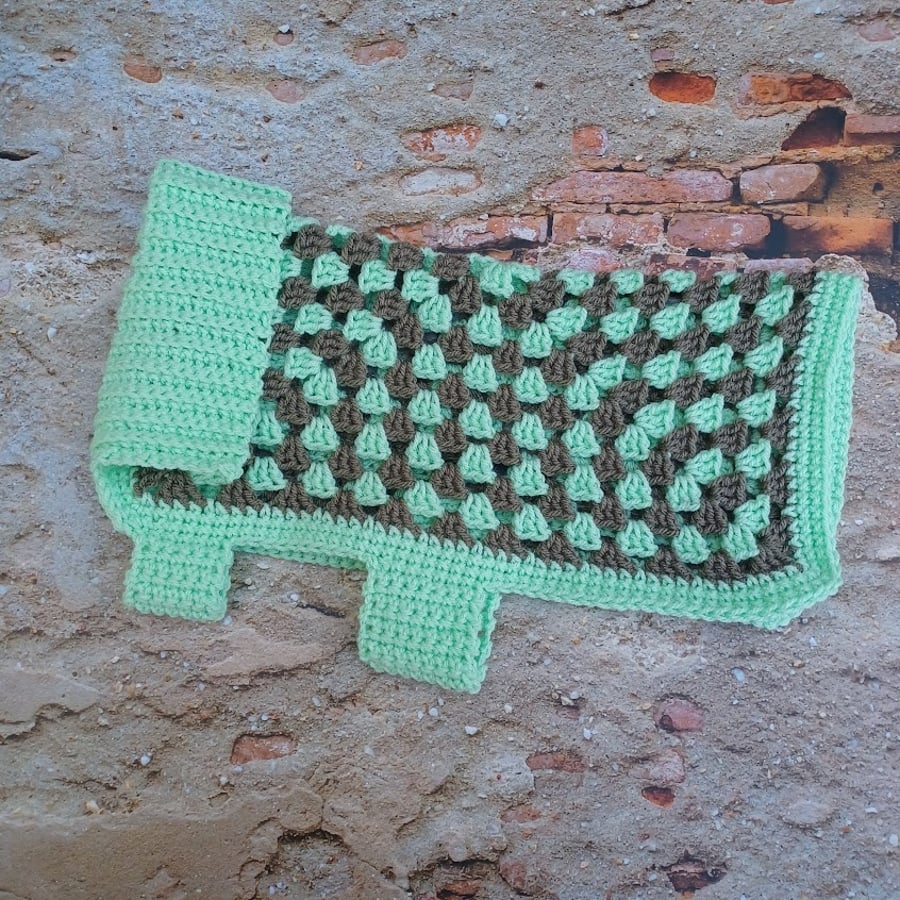 Green crochet jacket for small dog, granny square pet coat