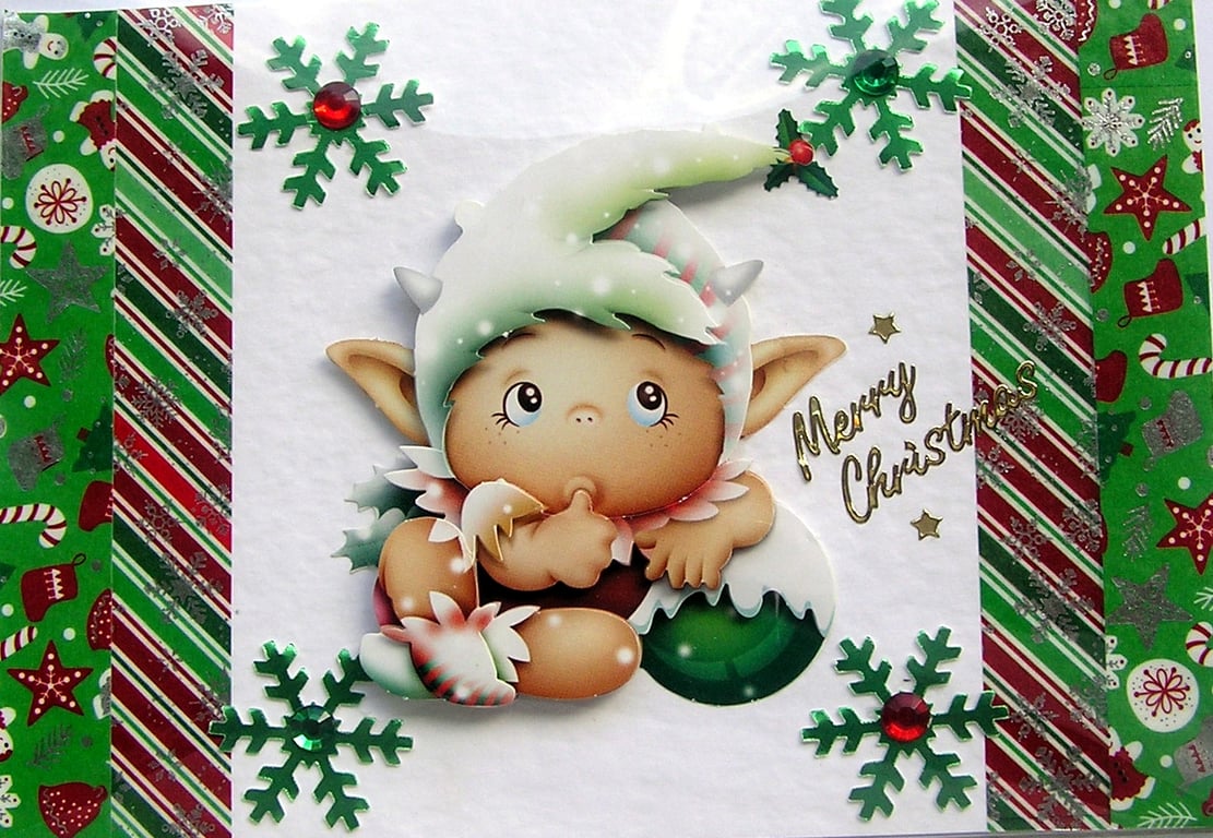 Hand Crafted Decoupage Chistmas Card - Merry Christmas (2960) Playful Imp Elf